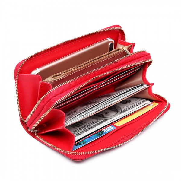 LP6683 - Miss Lulu Women Leather Look Double Zipped Long Purse Red