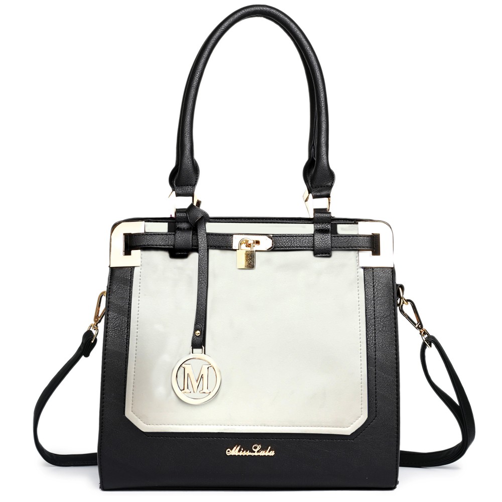 LT1607 Miss Lulu Leather Look Padlock Shoulder Bag Black And White