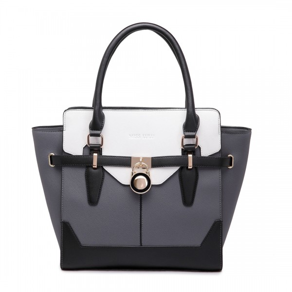 LT1646 - Miss Lulu Leather Look Padlock Tote Handbag Grey