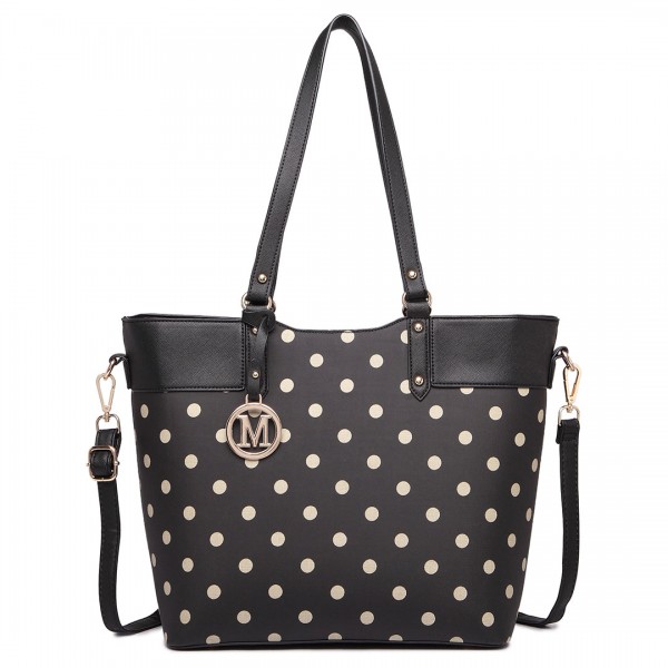 LT1653 - Miss Lulu Leather Look and Matte Oilcloth Polka Dot Tote Bag Black