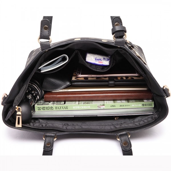 LT1653 - Miss Lulu Leather Look and Matte Oilcloth Polka Dot Tote Bag Black