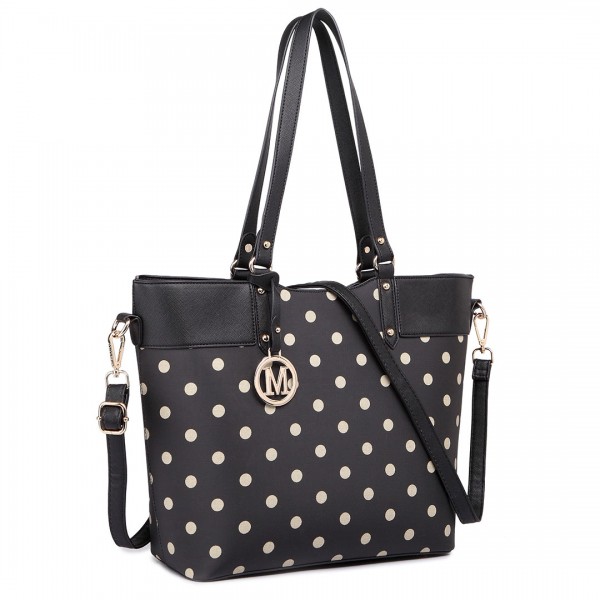 LT1653 - Miss Lulu Leather Look and Matte Oilcloth Polka Dot Tote Bag Black