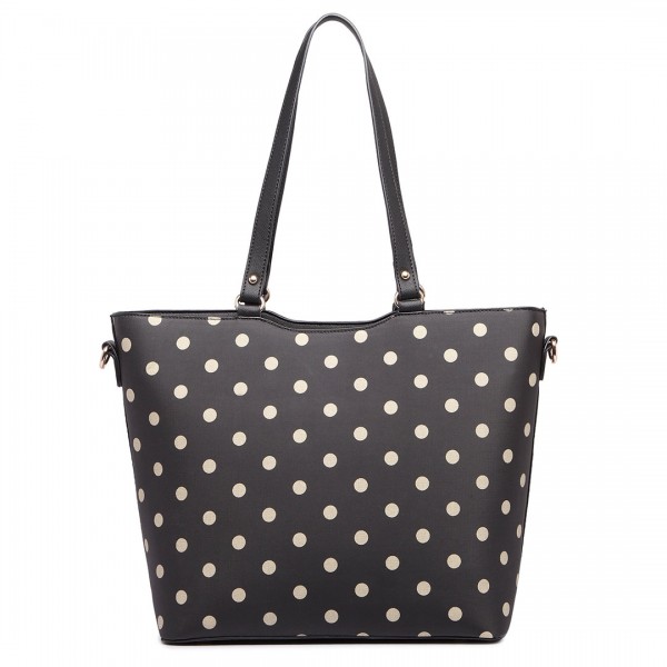 LT1653 - Miss Lulu Leather Look and Matte Oilcloth Polka Dot Tote Bag Black