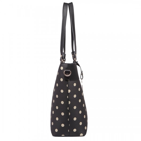 LT1653 - Miss Lulu Leather Look and Matte Oilcloth Polka Dot Tote Bag Black