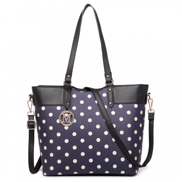 LT1653 - Miss Lulu Leather Look and Matte Oilcloth Polka Dot Tote Bag Navy