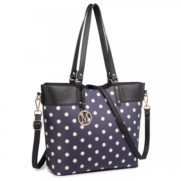 LT1653 - Miss Lulu Leather Look and Matte Oilcloth Polka Dot Tote Bag Navy
