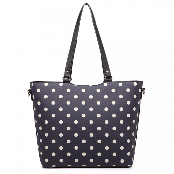 LT1653 - Miss Lulu Leather Look and Matte Oilcloth Polka Dot Tote Bag Navy