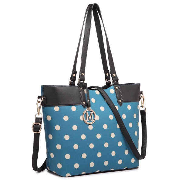 LT1653 - Miss Lulu Leather Look and Matte Oilcloth Polka Dot Tote Bag Teal