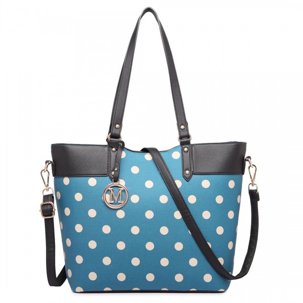 LT1653 - Miss Lulu Leather Look and Matte Oilcloth Polka Dot Tote Bag Teal