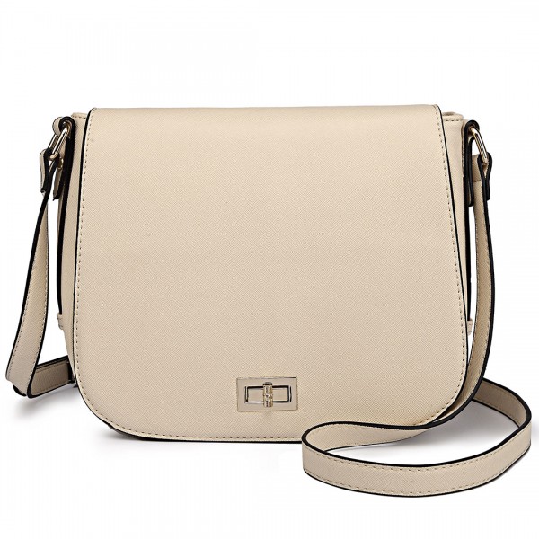 LT1662 - Miss Lulu Leather Look Cross Body Saddle Bag Beige
