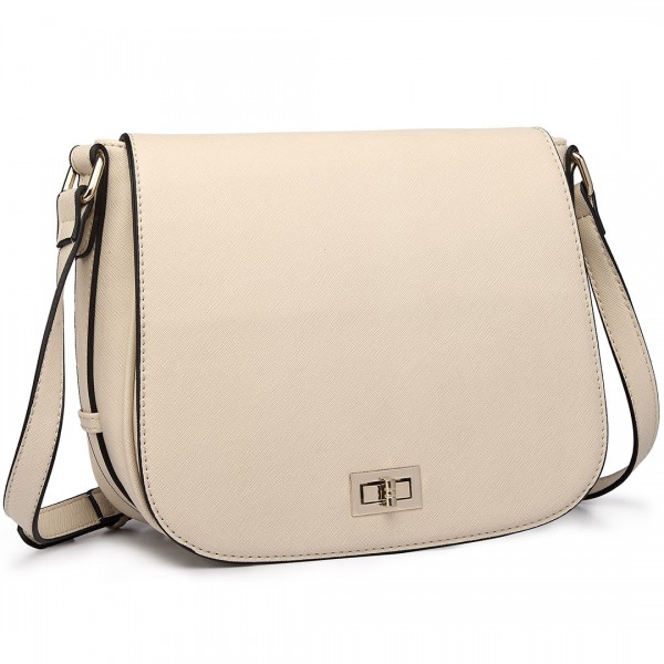 LT1662 - Miss Lulu Leather Look Cross Body Saddle Bag Beige