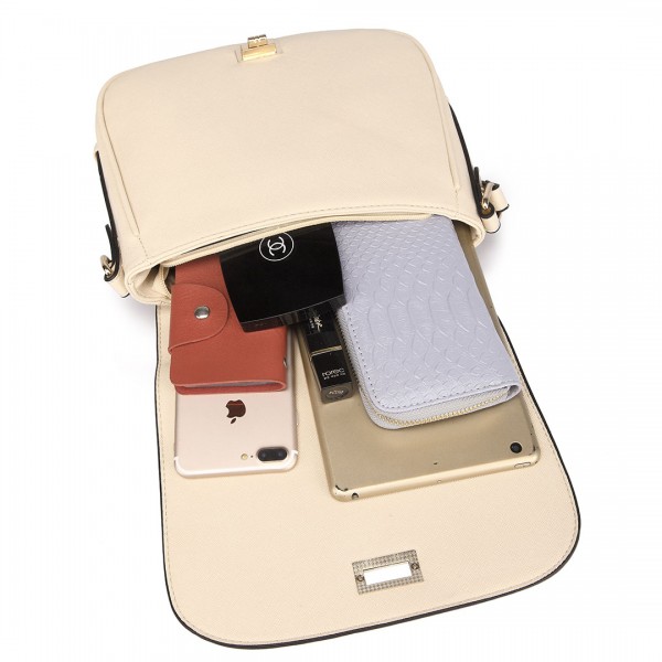 LT1662 - Miss Lulu Leather Look Cross Body Saddle Bag Beige