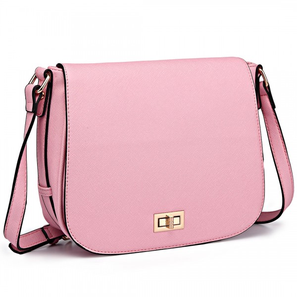 LT1662 - Miss Lulu Leather Look Cross Body Saddle Bag Pink