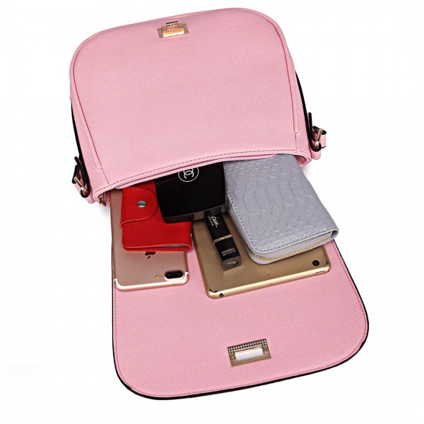 LT1662 - Miss Lulu Leather Look Cross Body Saddle Bag Pink