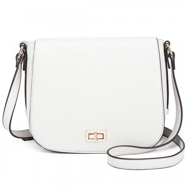 LT1662 - Miss Lulu Leather Look Cross Body Saddle Bag White