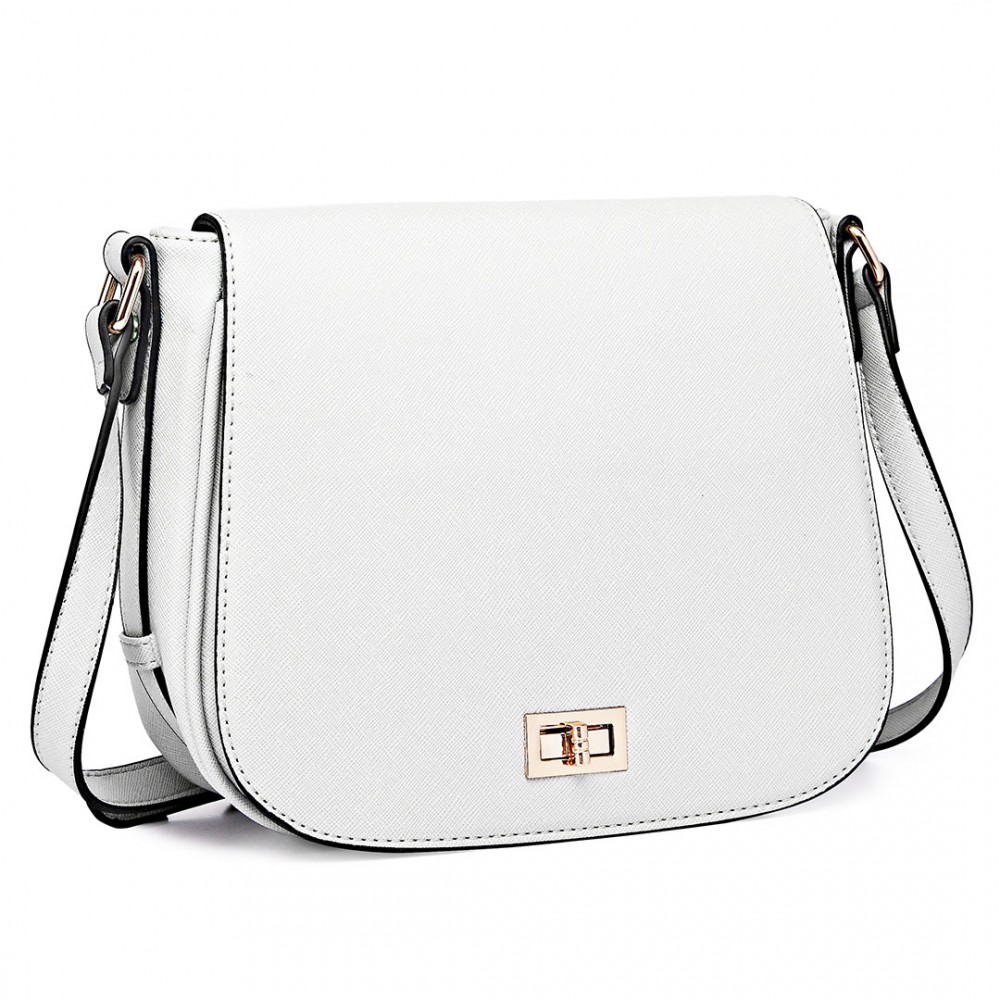 LT1662 Miss Lulu Leather Look Cross Body Saddle Bag White