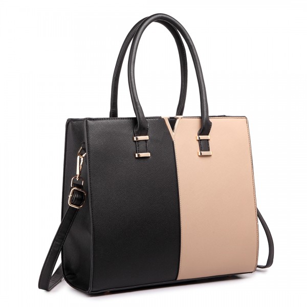 LT1666 - Miss Lulu Split Front Design Medium Tote Handbag Black and Light Brown LT1666 - Miss Lulu Split Front Design Medium Tote Handbag Black and Light Brown