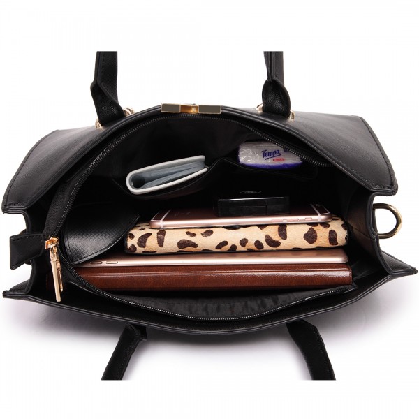 LT1666 - Miss Lulu Split Front Design Medium Tote Handbag Black LT1666 - Miss Lulu Split Front Design Medium Tote Handbag Black