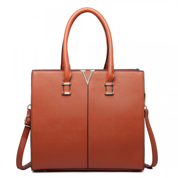 LT1666 - Miss Lulu Split Front Design Medium Tote Handbag Brown