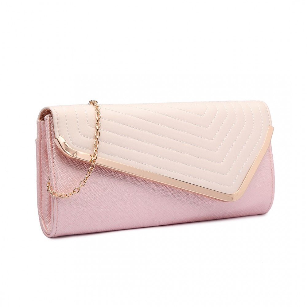 LT1674 - Miss Lulu Quilted Leather Look Envelope Clutch Bag Pink and Light Pink