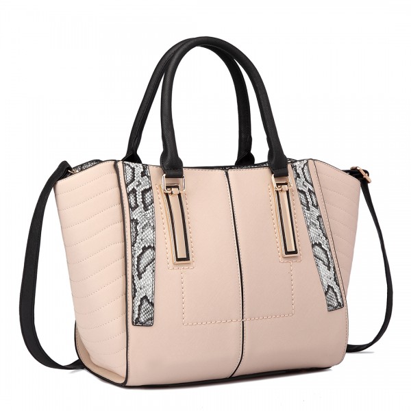 LT1703 - Miss Lulu Snake Skin Stripe Panel Shoulder Bag Beige