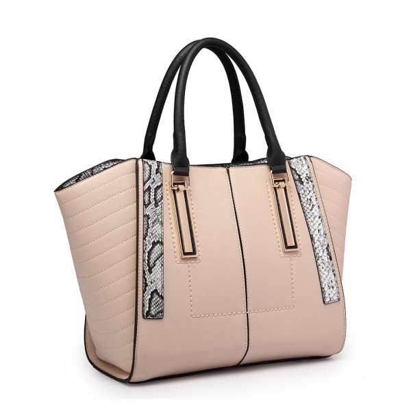 LT1703 - Miss Lulu Snake Skin Stripe Panel Shoulder Bag Beige
