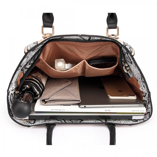 LT1703 - Miss Lulu Snake Skin Stripe Panel Shoulder Bag Beige