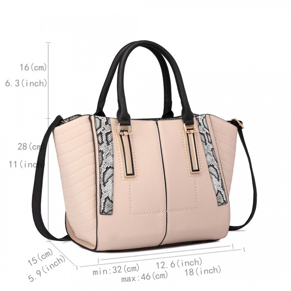 LT1703 - Miss Lulu Snake Skin Stripe Panel Shoulder Bag Beige