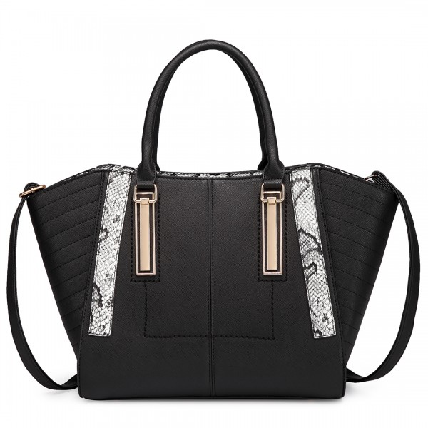 LT1703 - Miss Lulu Snake Skin Stripe Panel Shoulder Bag Black