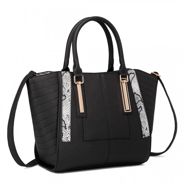 LT1703 - Miss Lulu Snake Skin Stripe Panel Shoulder Bag Black