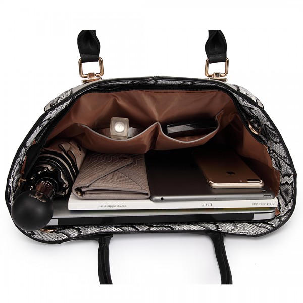 LT1703 - Miss Lulu Snake Skin Stripe Panel Shoulder Bag Grey