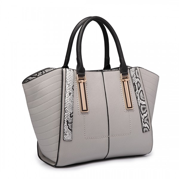 LT1703 - Miss Lulu Snake Skin Stripe Panel Shoulder Bag Grey