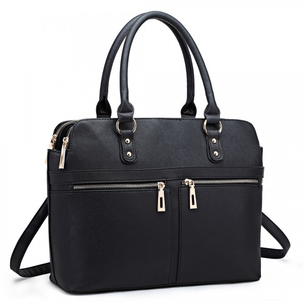 LT1706 - Miss Lulu Structured Classic Multi Compartment Shoulder Bag Black