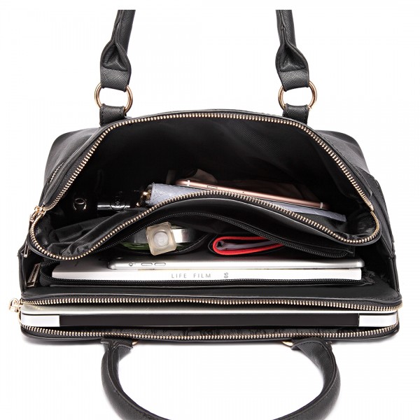 LT1706 - Miss Lulu Structured Classic Multi Compartment Shoulder Bag Black