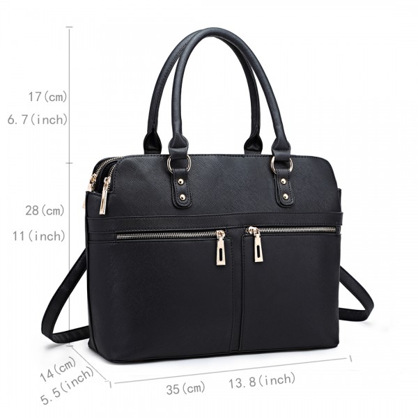 LT1706 - Miss Lulu Structured Classic Multi Compartment Shoulder Bag Black