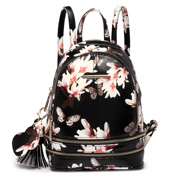 LT1707 - Miss Lulu Leather Look Small Fashion Floral Backpack Black