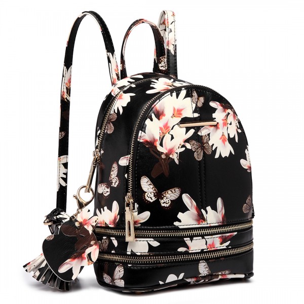 LT1707 - Miss Lulu Leather Look Small Fashion Floral Backpack Black
