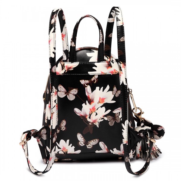 LT1707 - Miss Lulu Leather Look Small Fashion Floral Backpack Black