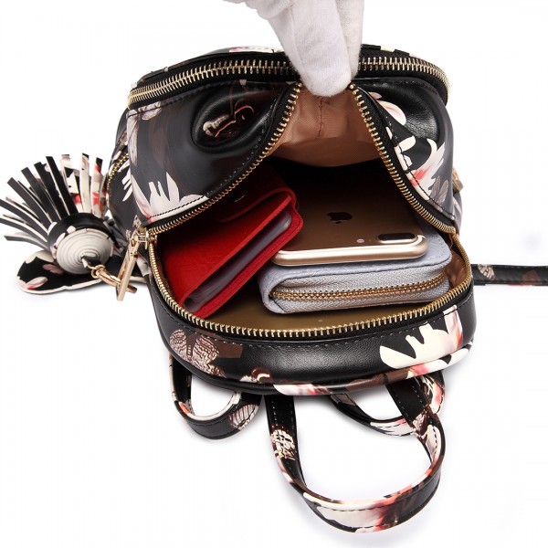 LT1707 - Miss Lulu Leather Look Small Fashion Floral Backpack Black