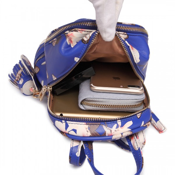 LT1707 - Miss Lulu Leather Look Small Fashion Floral Backpack Navy