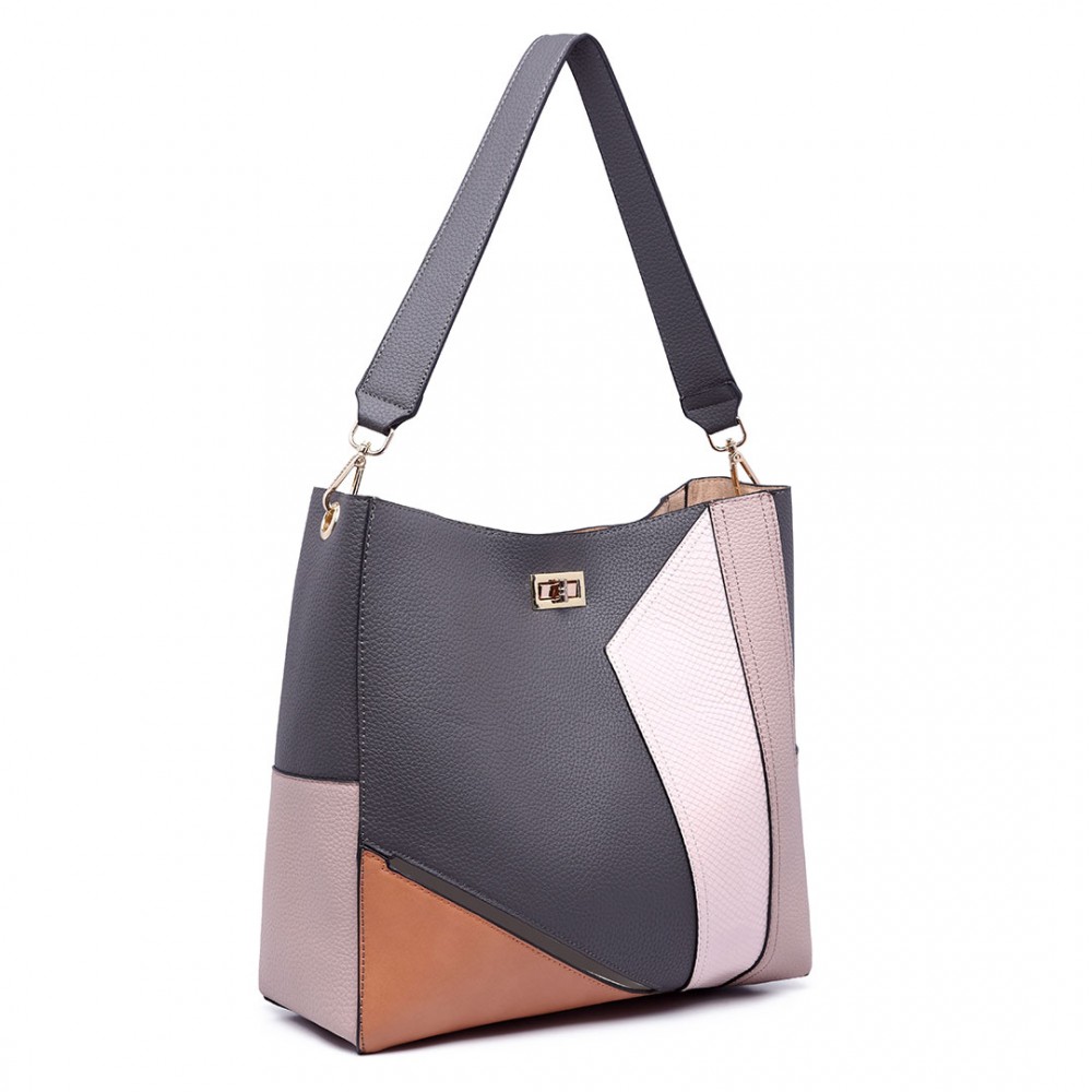 LT1708 - Miss Lulu Soft Slouchy Leather Look Colour Block Shoulder Bag Grey
