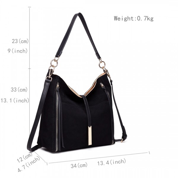 LT1715 - Miss Lulu Suede Effect Slouchy Shoulder Bag Black