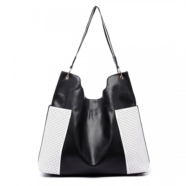 LT1721 - Miss Lulu Leather Look Slouch Hobo Shoulder Tote Bag Black and White