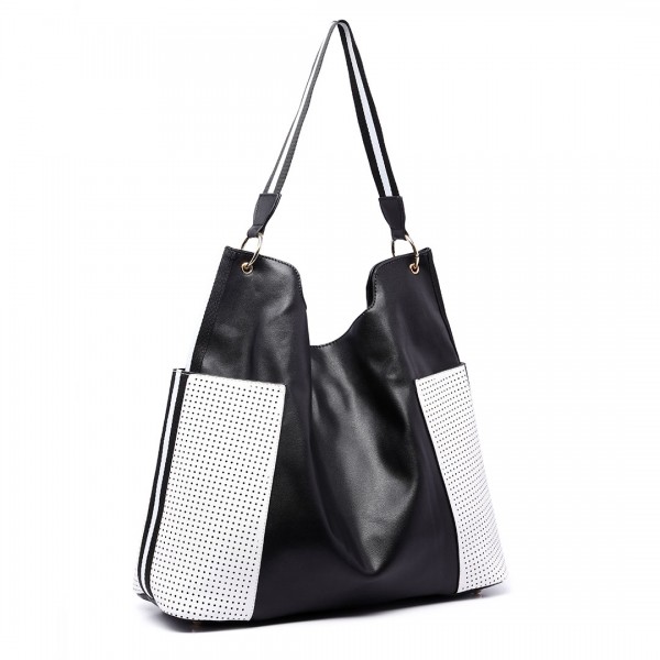 LT1721 - Miss Lulu Leather Look Slouch Hobo Shoulder Tote Bag Black and White