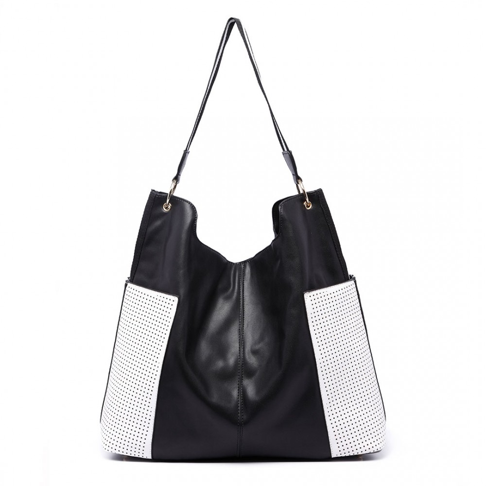 LT1721 - Miss Lulu Leather Look Slouch Hobo Shoulder Tote Bag Black and White