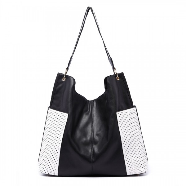 LT1721 - Miss Lulu Leather Look Slouch Hobo Shoulder Tote Bag Black and White