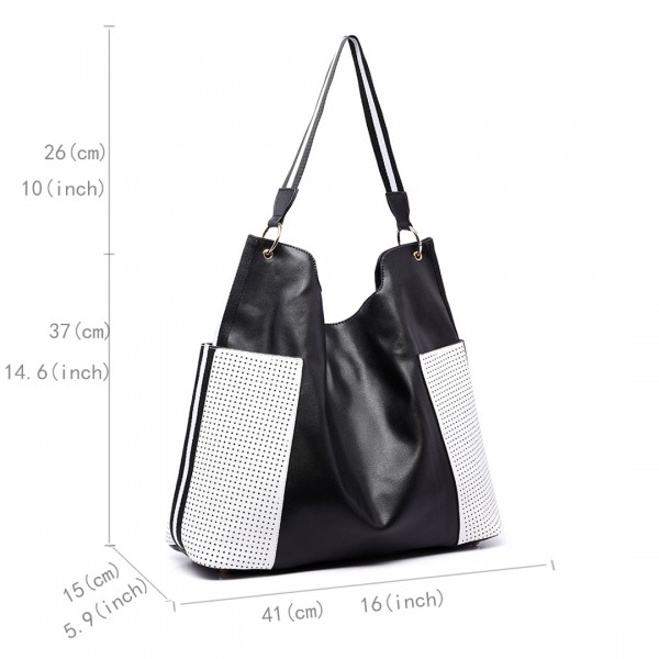 LT1721 - Miss Lulu Leather Look Slouch Hobo Shoulder Tote Bag Black and White