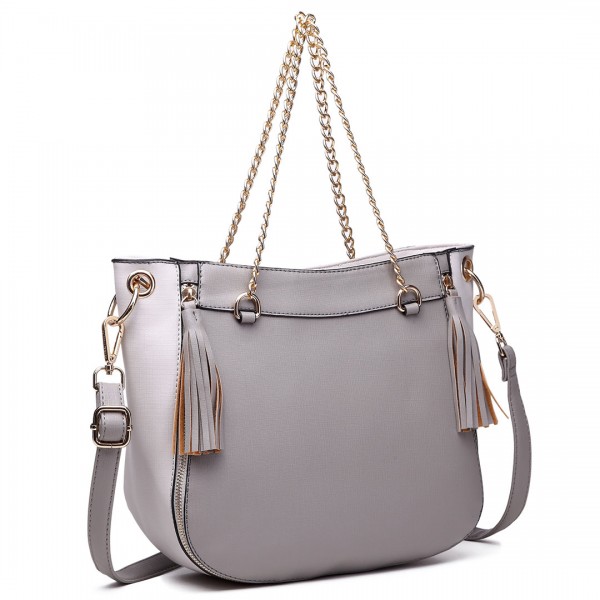 LT1728 - Miss Lulu Textured Leather Look Tassel Zip Detail Shoulder Bag Grey