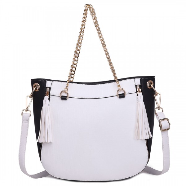 LT1728 - Miss Lulu Textured Leather Look Tassel Zip Detail Shoulder Bag White and Black