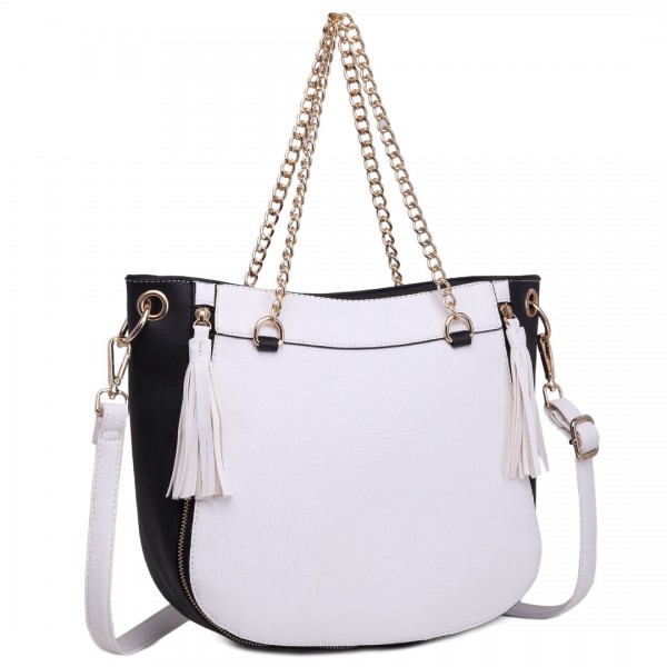 LT1728 - Miss Lulu Textured Leather Look Tassel Zip Detail Shoulder Bag White and Black